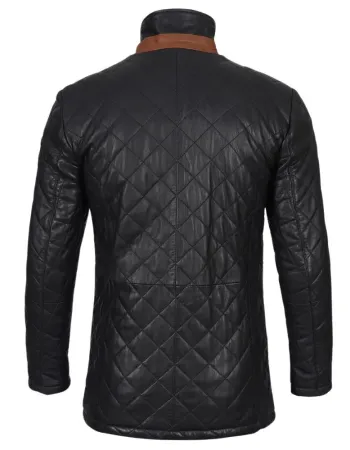 Mens Black Diamond Quilted Leather Car Coat