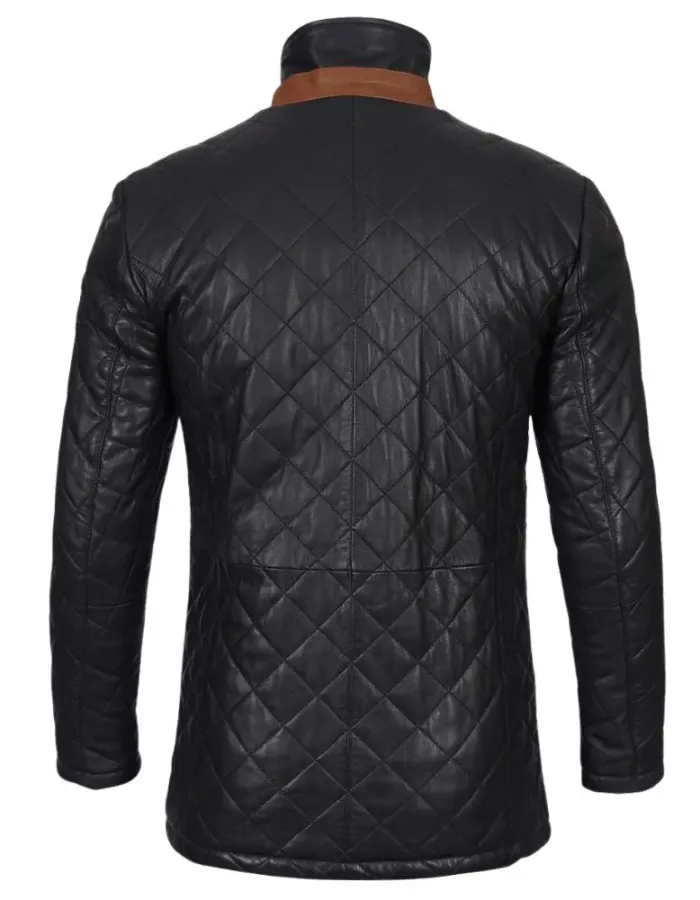 Mens Black Diamond Quilted Leather Car Coat