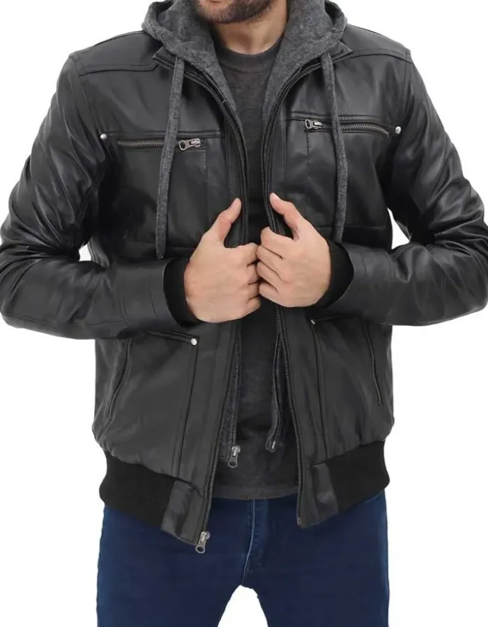 Men's Black Leather Bomber Jacket