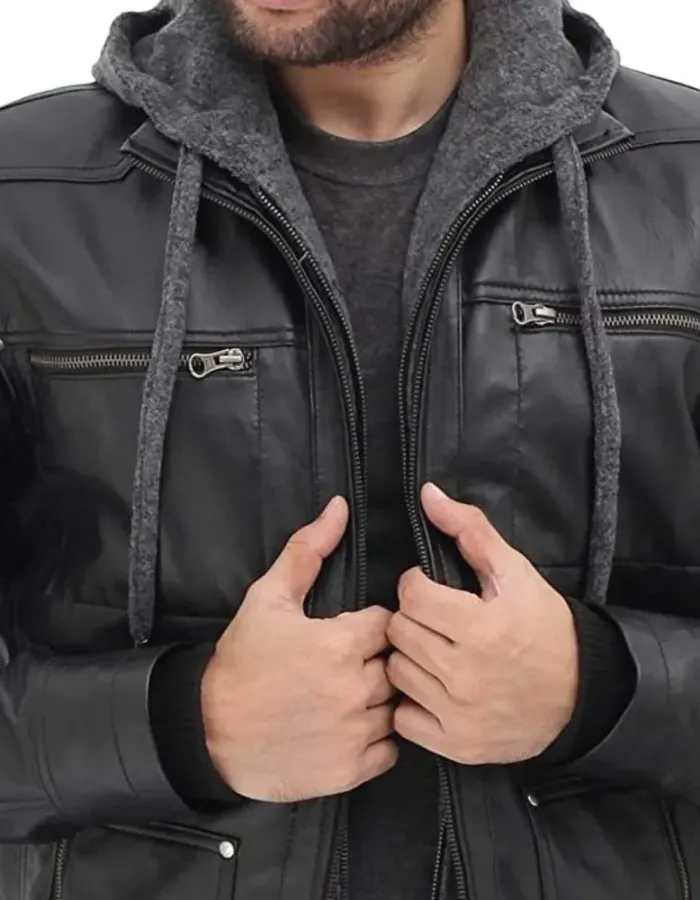 Men's Black Leather Bomber Jacket