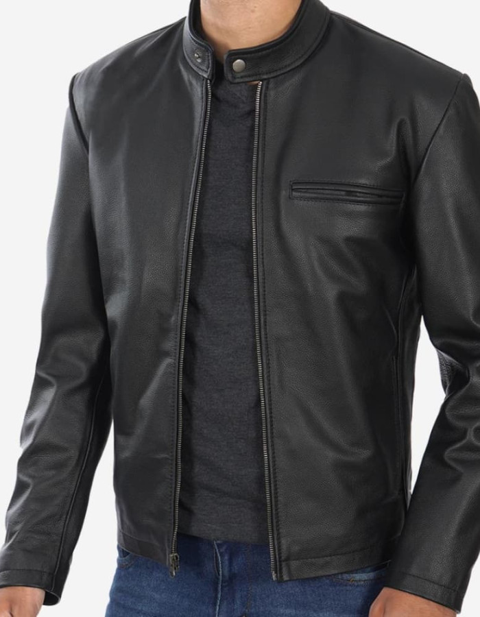 Mens Black Snap Button Collar Cowhide Leather Jacket