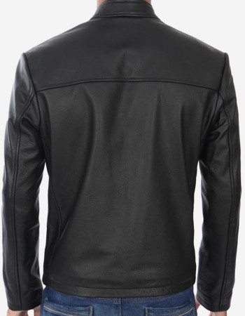 Mens Black Snap Button Collar Cowhide Leather Jacket