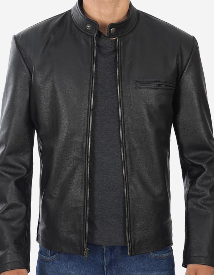 Mens Black Snap Button Collar Cowhide Leather Jacket Mens Black Snap Button Collar Cowhide Leather Jacket