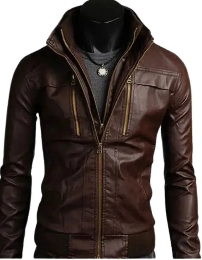 Mens Brown Bomber Faux Leather Jacket