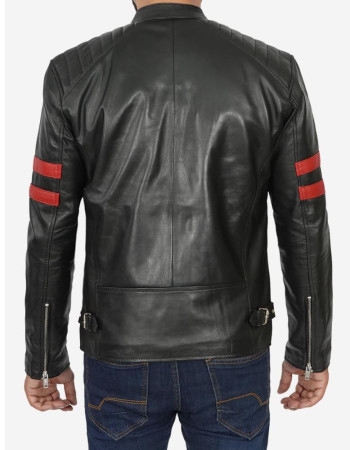 Men's Black Cafe Racer Red Striped Biker Leather Jacket