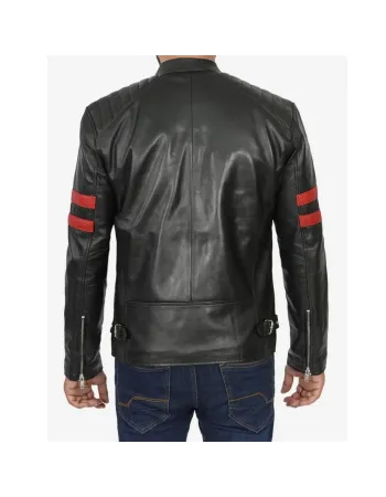 Men's Black Cafe Racer Red Striped Biker Leather Jacket
