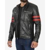 Men's Black Cafe Racer Red Striped Biker Leather Jacket