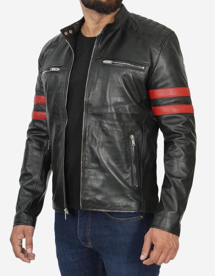 Men's Black Cafe Racer Red Striped Biker Leather Jacket