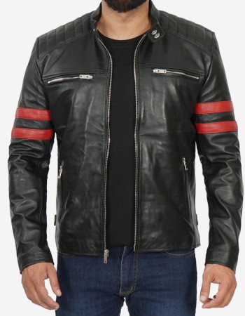 Men's Black Cafe Racer Red Striped Biker Leather Jacket