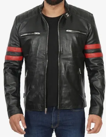 Men's Black Cafe Racer Red Striped Biker Leather Jacket
