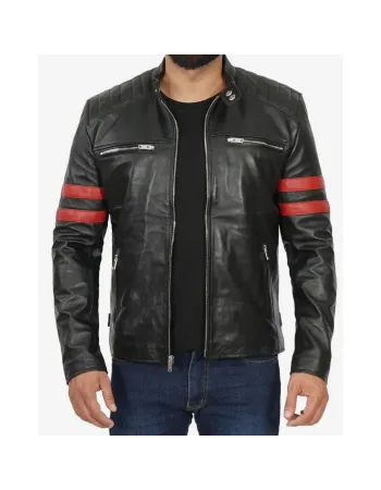 Men's Black Cafe Racer Red Striped Biker Leather Jacket