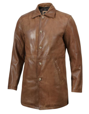 Men's 3 Quarter Camel Brown Leather Coat