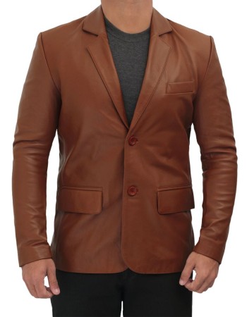 Mens Cognac Two Button Brown Leather Blazer Mens Cognac Two Button Brown Leather Blazer