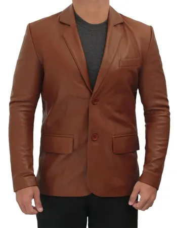 Mens Cognac Two Button Brown Leather Blazer Mens Cognac Two Button Brown Leather Blazer
