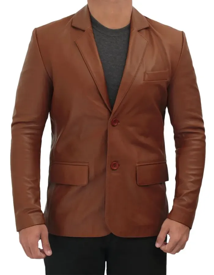 Mens Cognac Two Button Brown Leather Blazer Mens Cognac Two Button Brown Leather Blazer