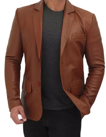 Mens Cognac Two Button Brown Leather Blazer