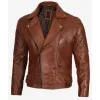 Men's Cognac Waxed Frisco Quilted Motorcycle Leather Jacket