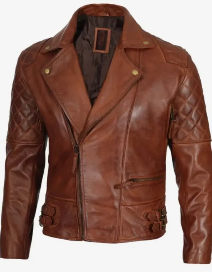 Men's Cognac Waxed Frisco Quilted Motorcycle Leather Jacket