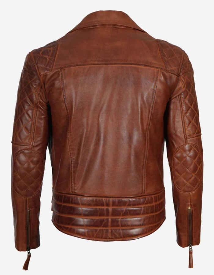 Men's Cognac Waxed Frisco Quilted Motorcycle Leather Jacket