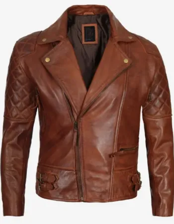 Men's Cognac Waxed Frisco Quilted Motorcycle Leather Jacket