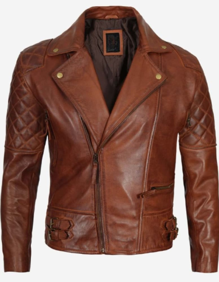 Men's Cognac Waxed Frisco Quilted Motorcycle Leather Jacket