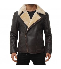 Men's Asymmetrical Shearling Dark Brown Leather Jacket
