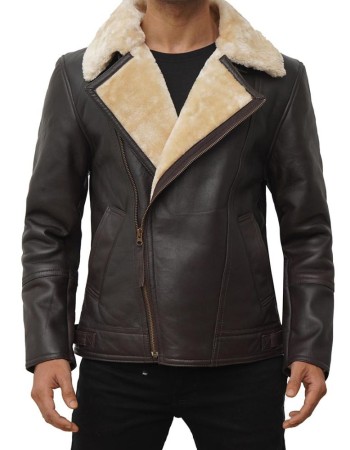 Men's Asymmetrical Shearling Dark Brown Leather Jacket