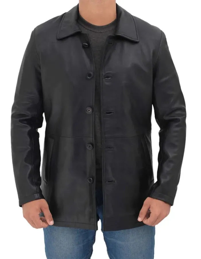 Men's Long Distressed Black Leather Jacket