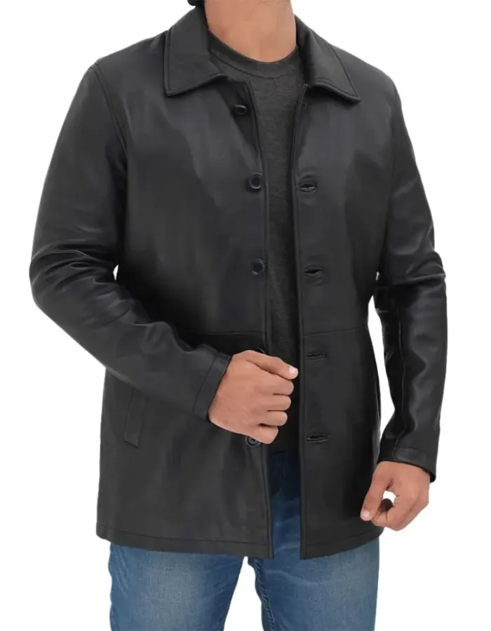 Men's Long Distressed Black Leather Jacket