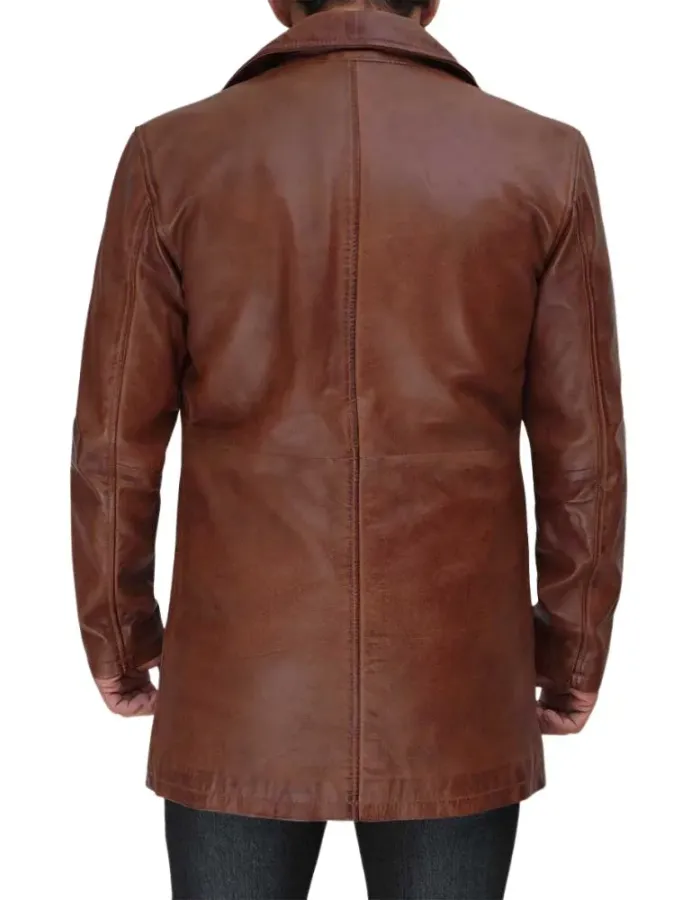 Men's Distressed Tan Leather Car Coat