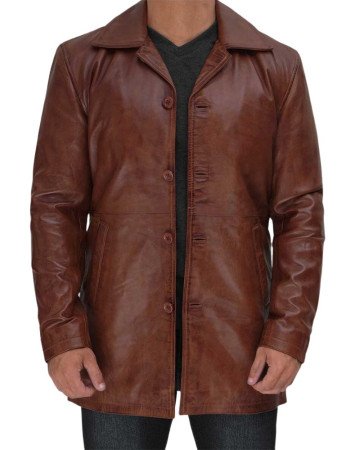 Men's Distressed Tan Leather Car Coat