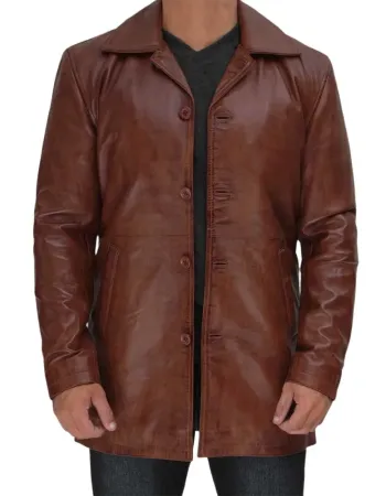 Men's Distressed Tan Leather Car Coat