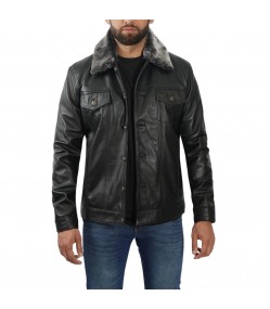 Fernando Black Shearling Collar Leather Trucker Jacket