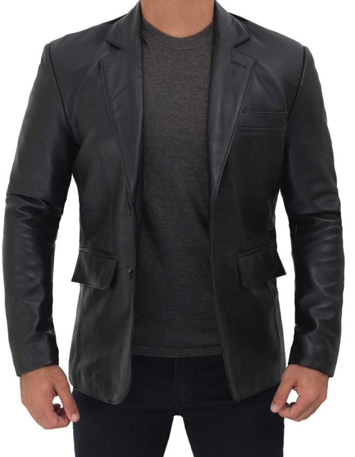 Men's Notch Lapel Black Leather Blazer