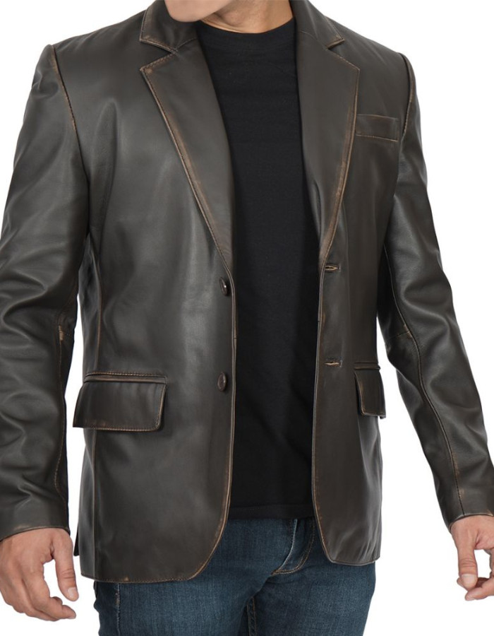 Men's Notch Lapel Ruboff Dark Brown Leather Blazer