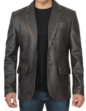 Men's Notch Lapel Ruboff Dark Brown Leather Blazer