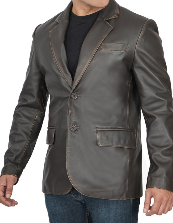 Men's Notch Lapel Ruboff Dark Brown Leather Blazer