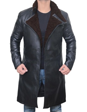 Men's Black Sherpa Shearling Winter Runner Leather Trench Coat