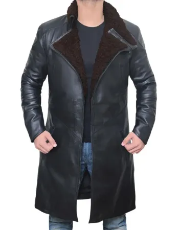 Men's Black Sherpa Shearling Winter Runner Leather Trench Coat
