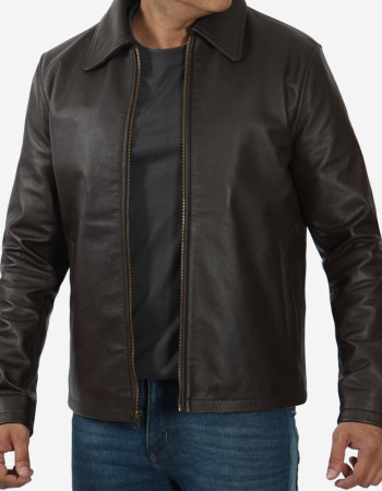 Men's Shirt Collar Dark Brown Cowhide Jacket
