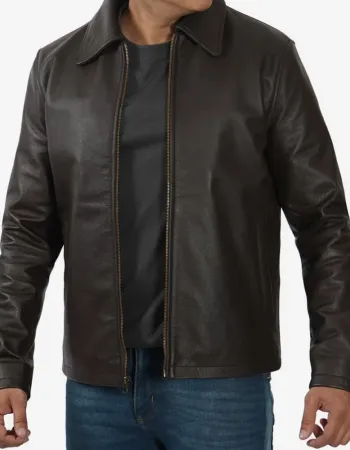 Men's Shirt Collar Dark Brown Cowhide Jacket