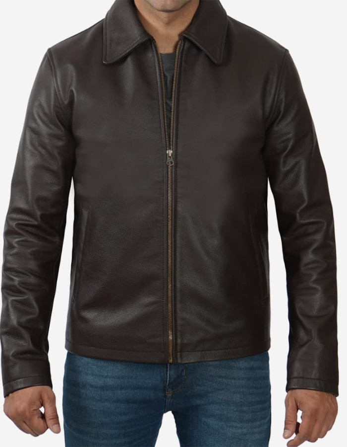 Men's Shirt Collar Dark Brown Cowhide Jacket