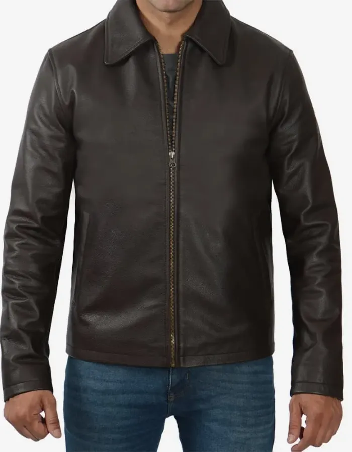 Men's Shirt Collar Dark Brown Cowhide Jacket