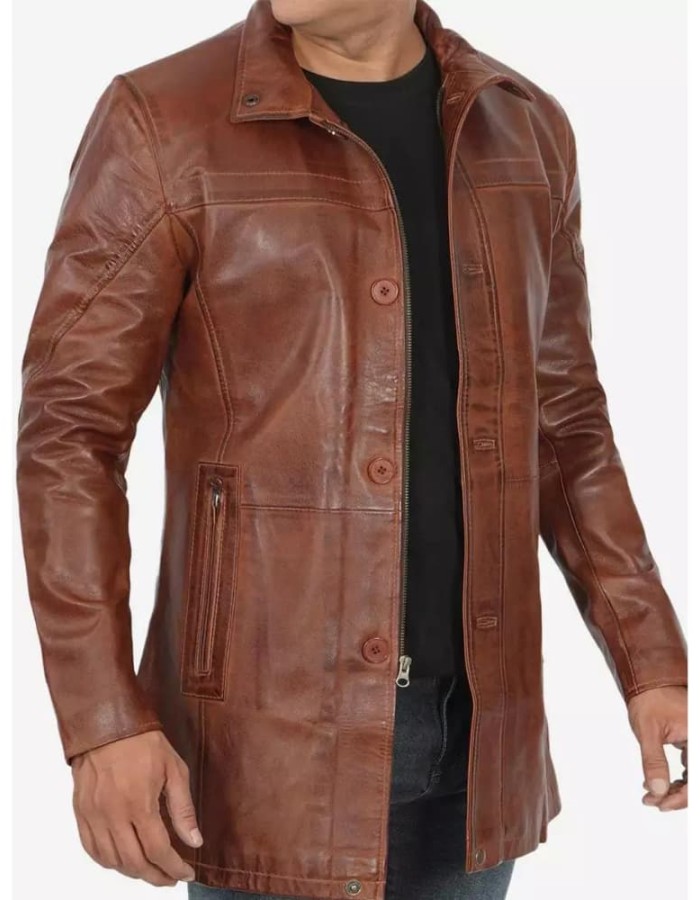 Mens Tall Cognac Waxed Real Leather Car Coat Mens Tall Cognac Waxed Real Leather Car Coat