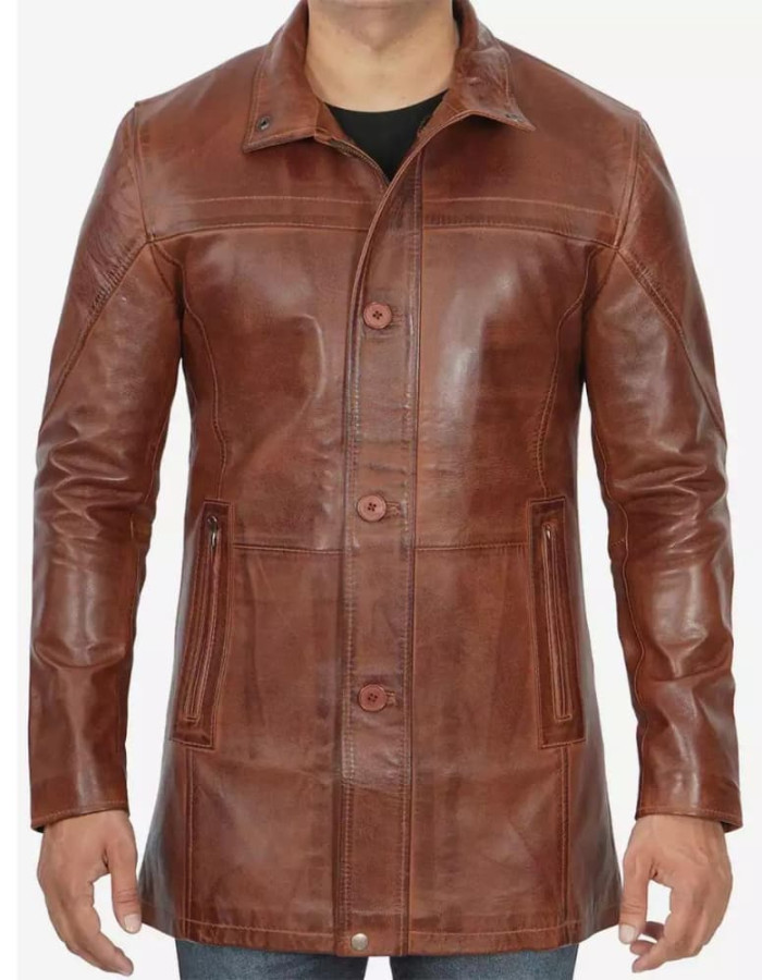Mens Tall Cognac Waxed Real Leather Car Coat Mens Tall Cognac Waxed Real Leather Car Coat