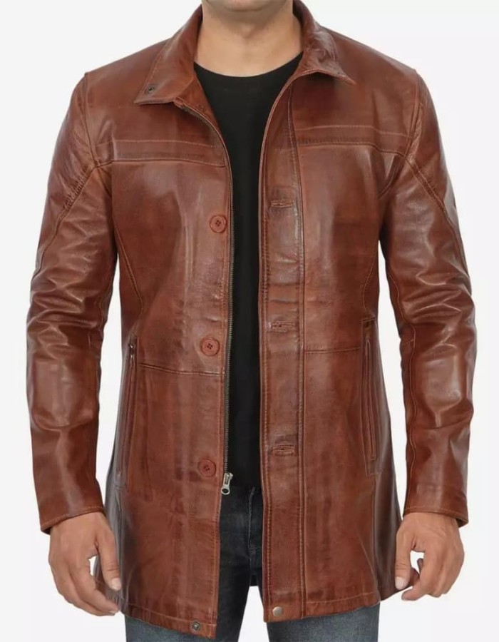 Mens Tall Cognac Waxed Real Leather Car Coat Mens Tall Cognac Waxed Real Leather Car Coat