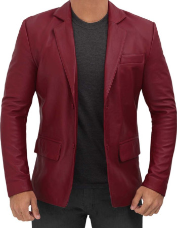 Men's Two Button Maroon Leather Blazer