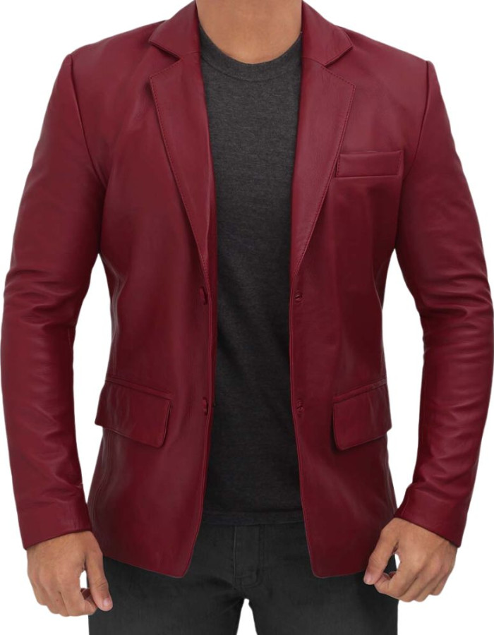 Men's Two Button Maroon Leather Blazer Men's Two Button Maroon Leather Blazer