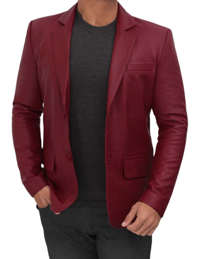 Men's Two Button Maroon Leather Blazer Men's Two Button Maroon Leather Blazer