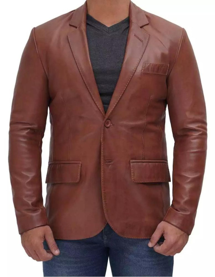 Men's Two Button Tan Brown Leather Blazer Men's Two Button Tan Brown Leather Blazer